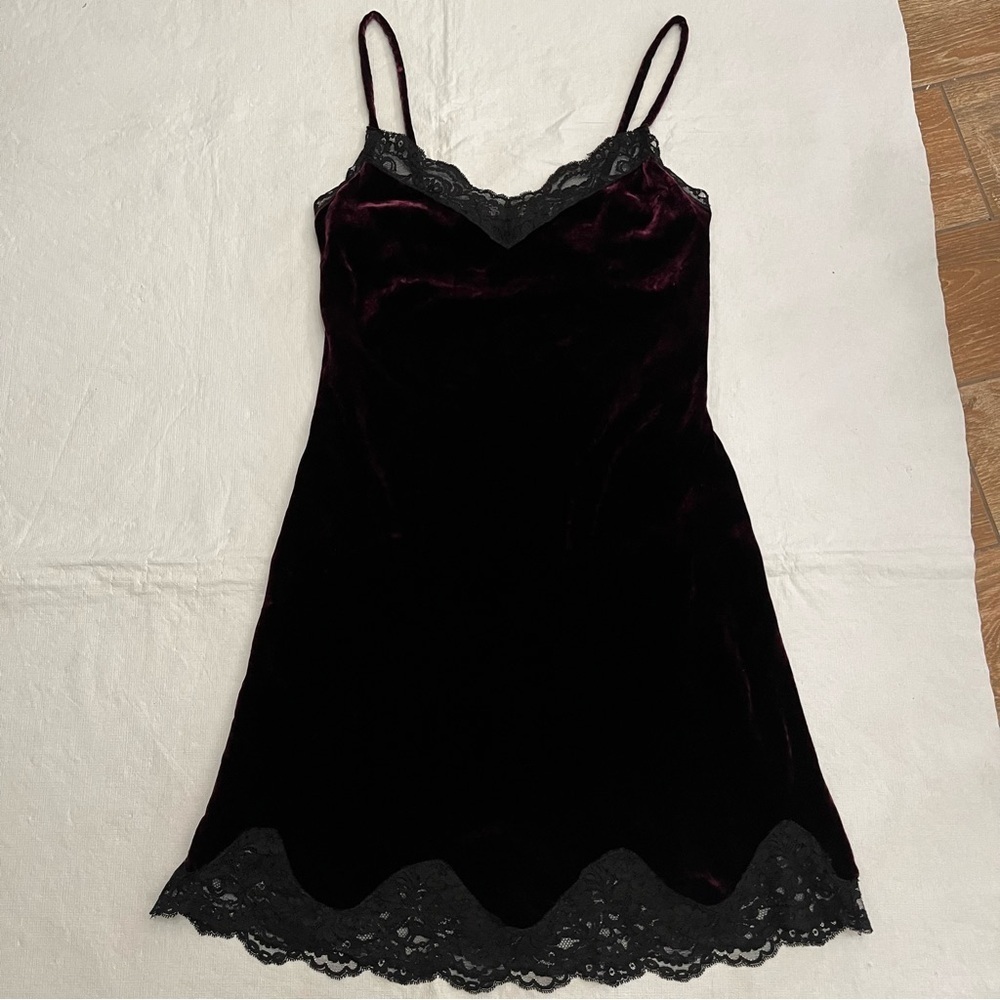Vintage Polo Ralph Lauren Maroon Velvet Silk Lace Mini Slip Dress